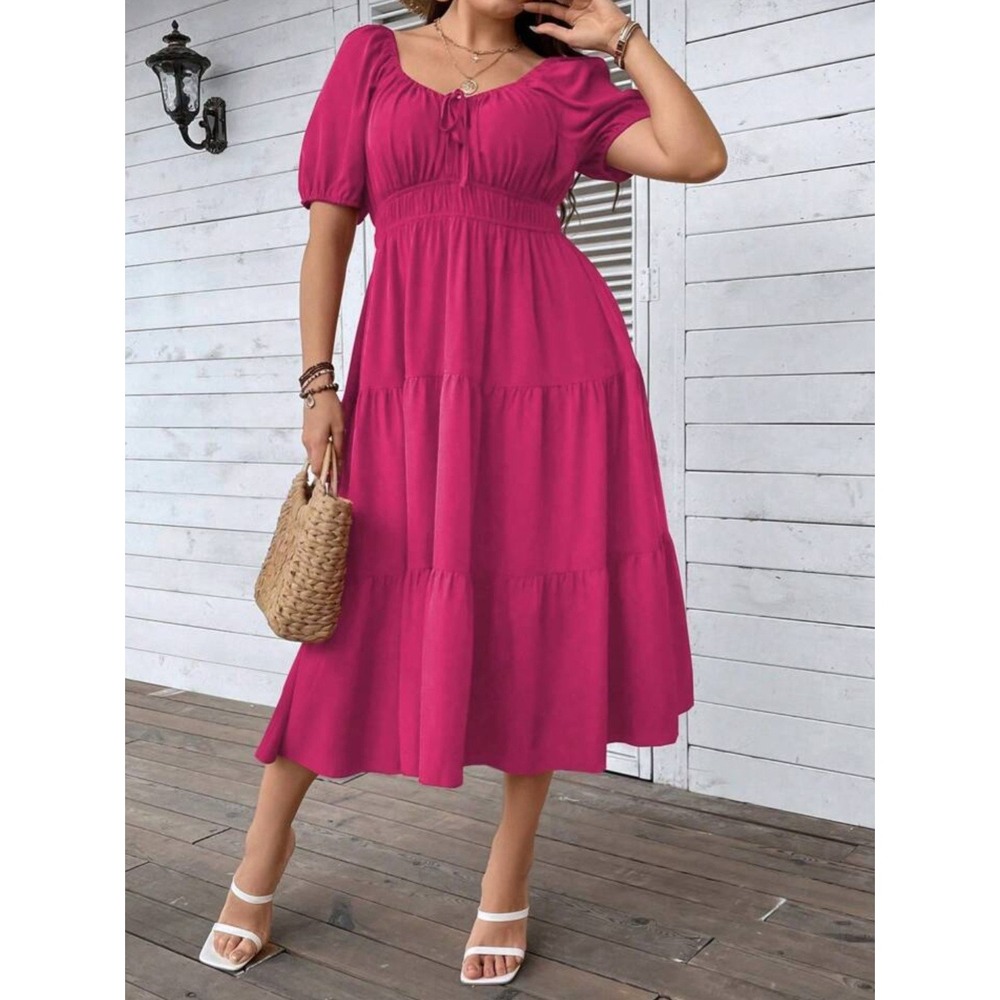 SHEIN Curve 3XL Pink Tiered Puff Sleeve Midi Dress Boho Size 18 NWOT